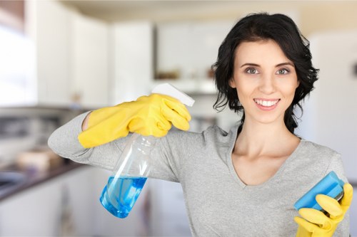 Cleaning team organizing supplies for communal space maintenance