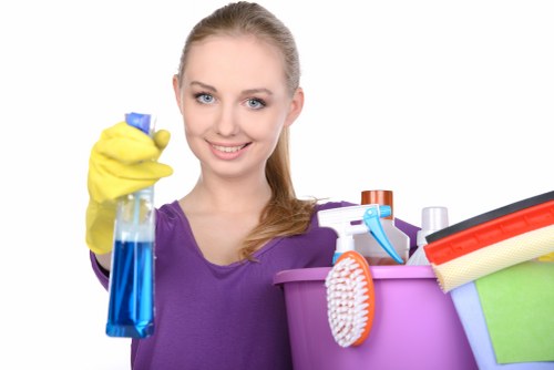 Professional cleaner disinfecting a communal hallway